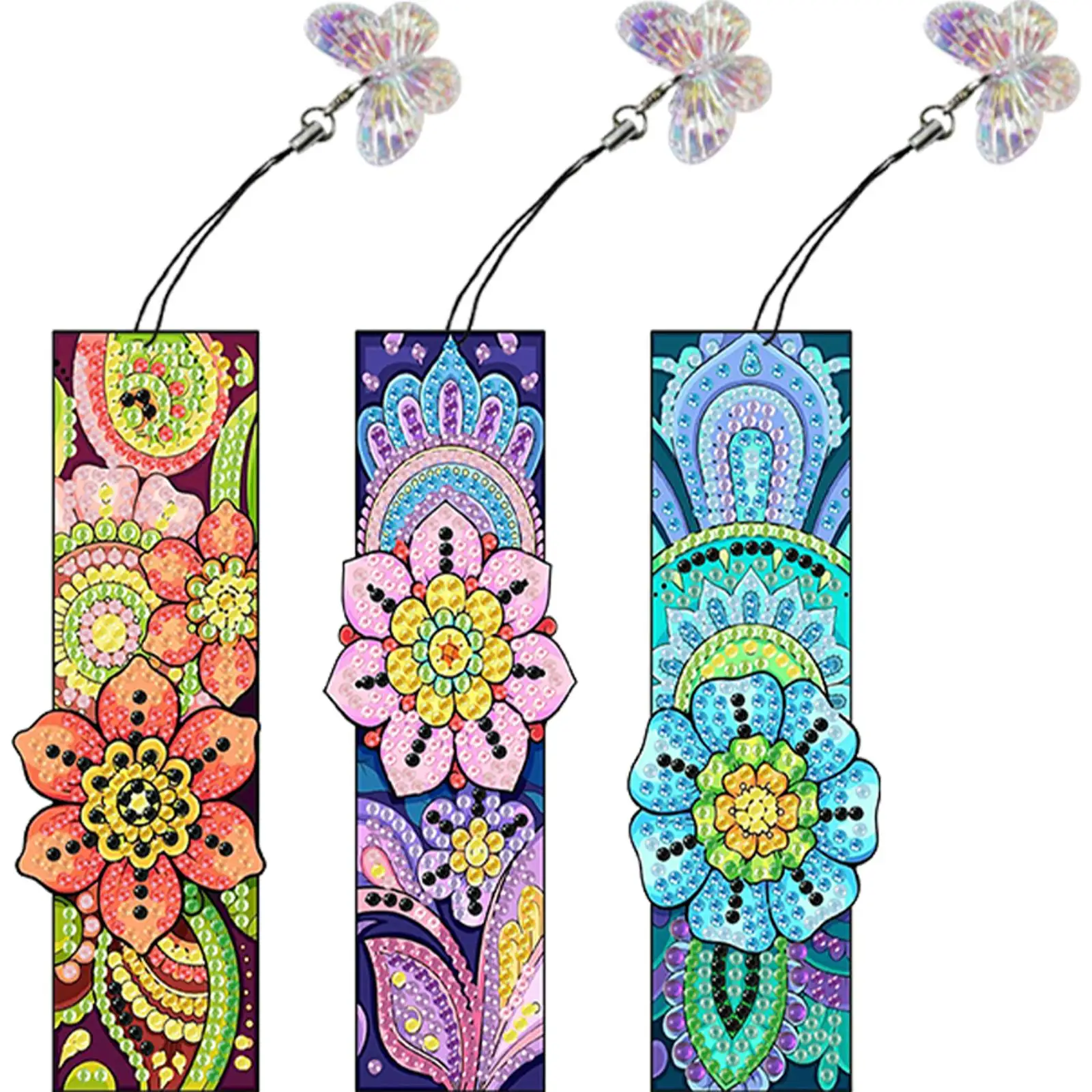 3Pcs Special Shaped Flower Pattern Diamond Bookmark Art Project DIY Diamond Bookmark with Crystal Pendant for Reading Day Gift