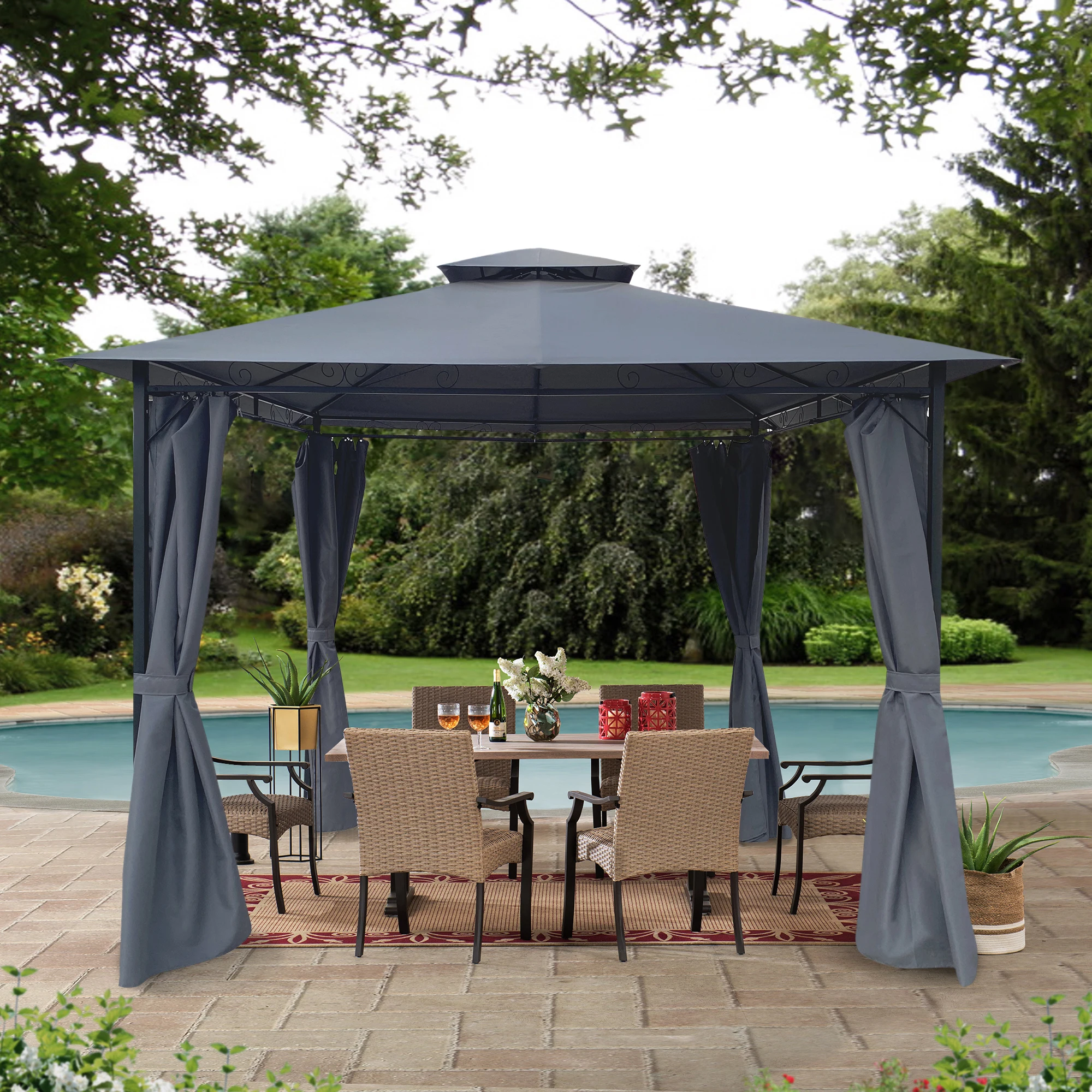 

10x10 Ft Outdoor Patio Garden Gazebo Tent With Curtains for Patio, Backyard, Deck, Lawns, Gray