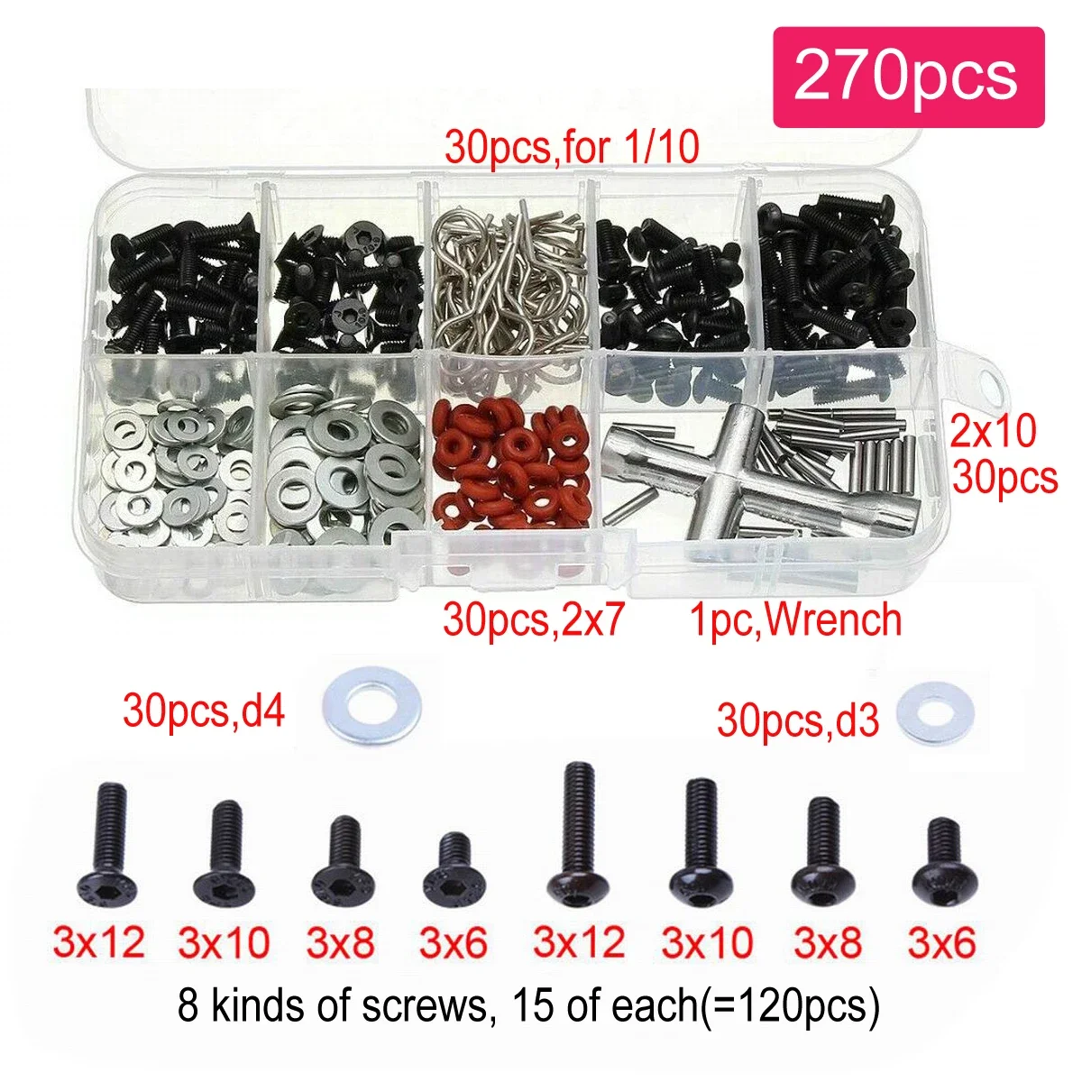 

270PCS Screws Box Repair Tool Kit for 1/10 HSP RC Car DIY Repair Tool Screws Box