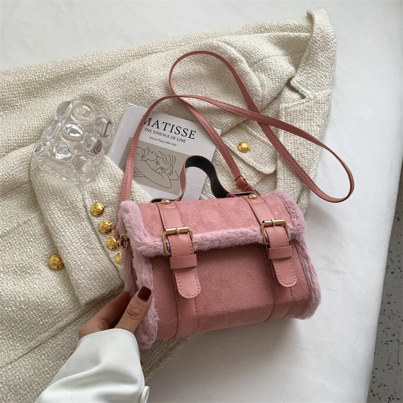 Borsa A Tracolla Invernale In Peluche Morbido, Grande Capacità, Per Donna, Colori Verde/Beige/Grigio/Rosa/Rosso, 29x28,5x14 Cm
