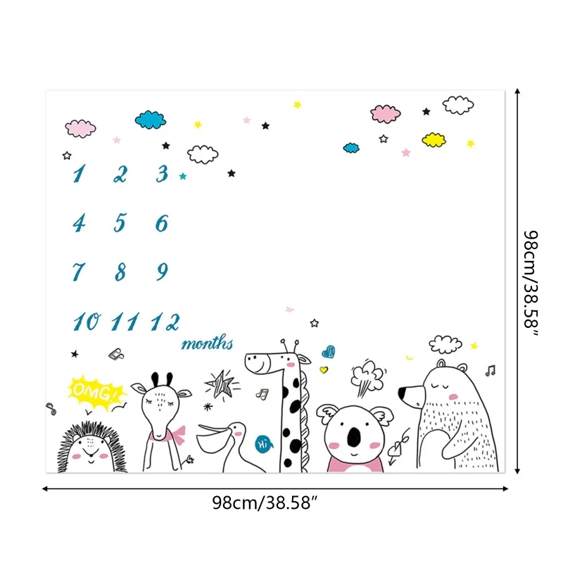 Baby Monthly Record Growth Milestone Blanket Newborn Cute Animal Pattern Photography Props Photo for Creative Background 6