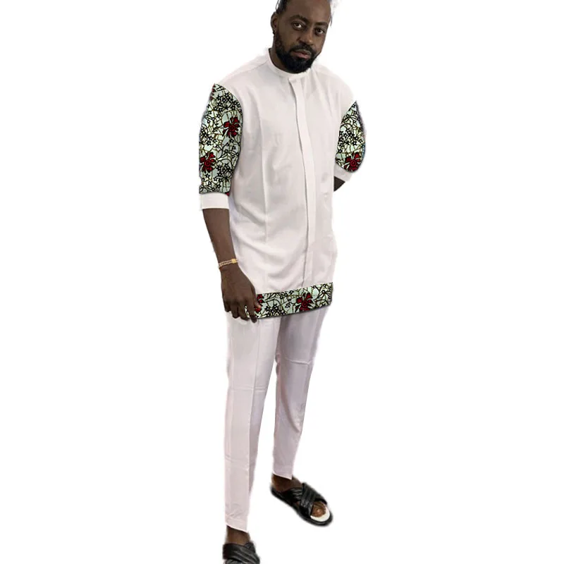 African Fashion White Men's Set Outfits 3/4 Sleeve Shirt With Pant Nigerian Print Original Design Groom Suits Party Wear 6