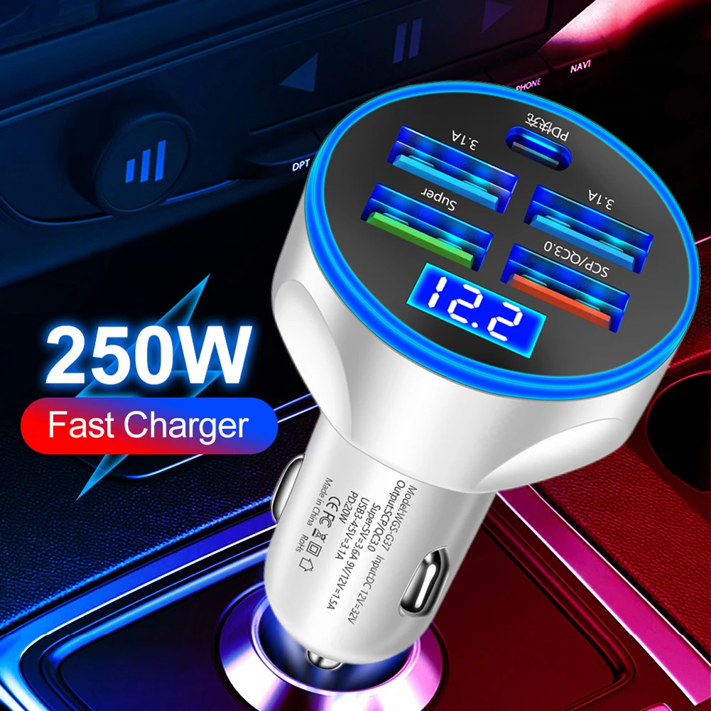 20W Car Charger 5 Ports Charger Adapter PD QC3.0 Type C Adapter 5V 3.1A Fast Charging for iPhone Samsung for Huawei Xiaomi