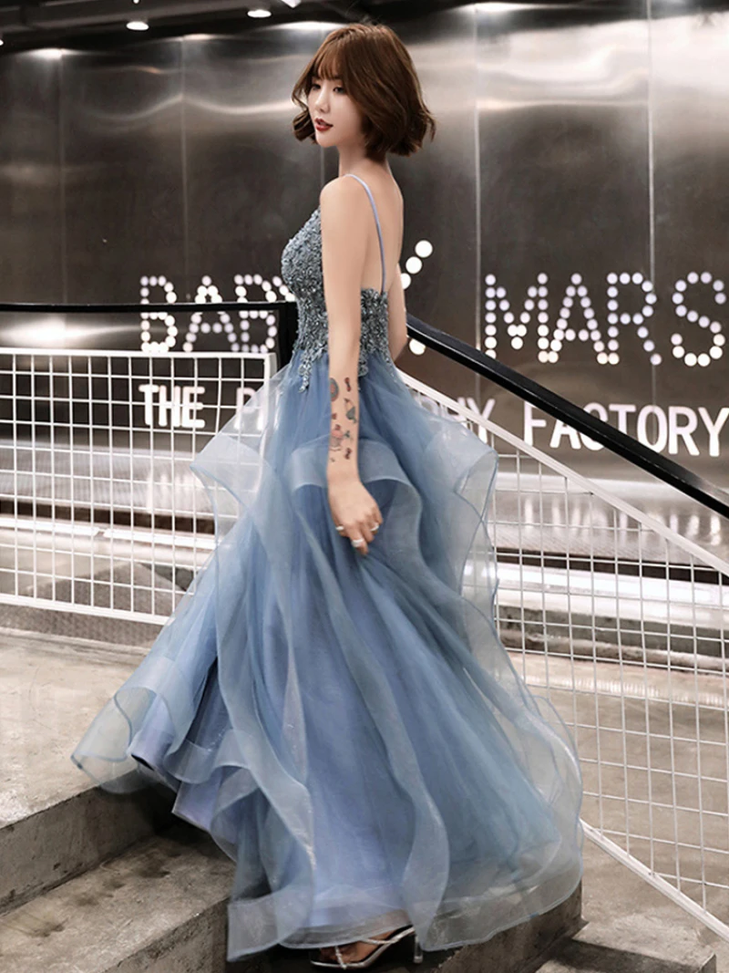 U426 New Sexy Black Grey Blue Long Evening Prom Dresses Banquet Party Ball Prom Dresses Woman Formal Gown Tiered Party Dress