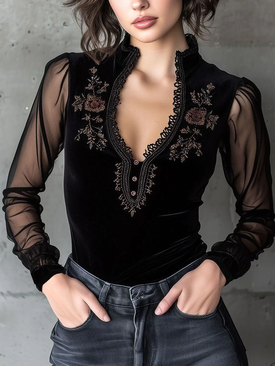 Black Velvet Mesh Embroidered Blouse Main Look