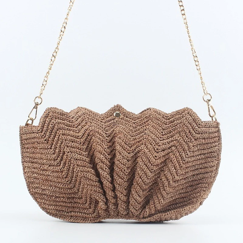 Raffia-Stroh Gewebte Ketten-Umhängetasche, Boho-Muschel-Handtasche für Damen, Handgefertigte Geflochtene Sommer-Strand-Urlaubs-Reisetasche – Detail 3