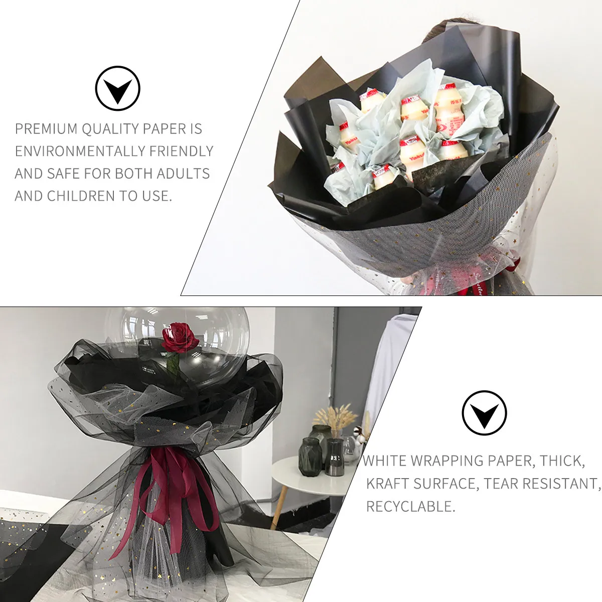 20Pcs 프리미엄 재활용 가능한 블랙 크래프트 꽃 포장지 아트 프로젝트 테이블 커버 드로잉을위한 솔리드 컬러 선물 포장지