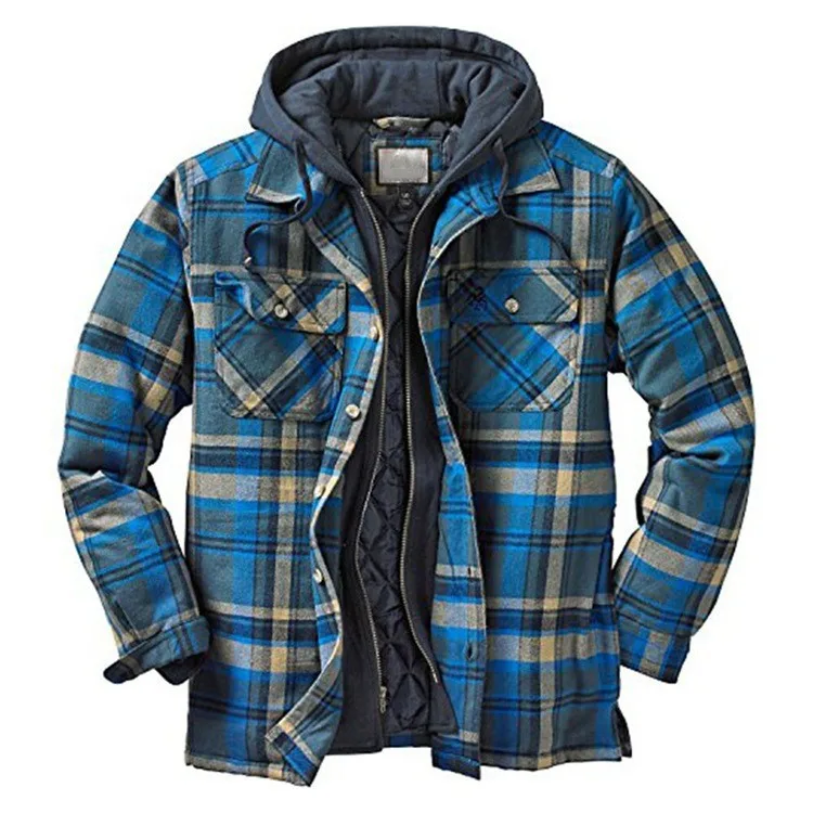 Men\'s Flannel Shirt Jacket with Removable Hood Plaid Quilted Lined Outdoor Winter Coats Thick Hoodie Outwear Man Fleece Shirts