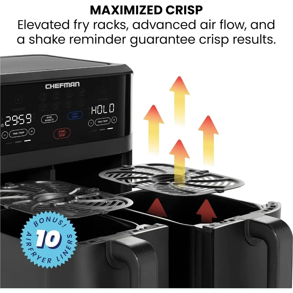 Dual Air Fryer, With Double Basket Capacity, One-Touch Digital Controls And Shake Reminder For The Perfect Crispy