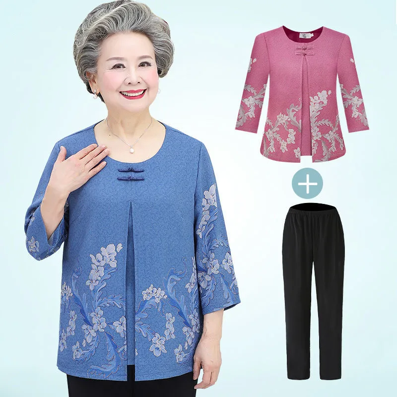 Retro Elderly Mother Spring Summer Fall Clothes 60-85 Years Old Grandma T-Shirt Pant Suit 2 Piece Sets Womens Outfits XL-6XL fdfklak high end womens outfits middle aged elderly mother two piece sets grandma simulation silk shirt pant suit xl 5xl