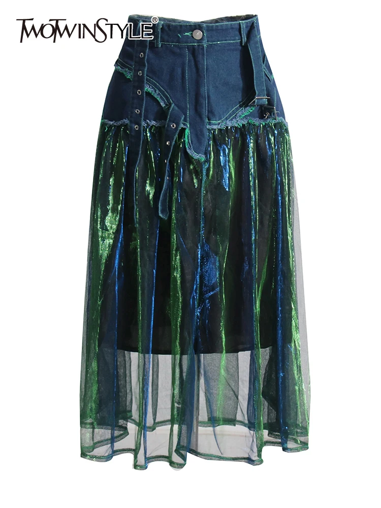 

TWOTWINSTYLE Hit Color Summer Skirts For Women High Waist Patchwork Denim A Line Temperament Skirt Female Fahsion Clothing New