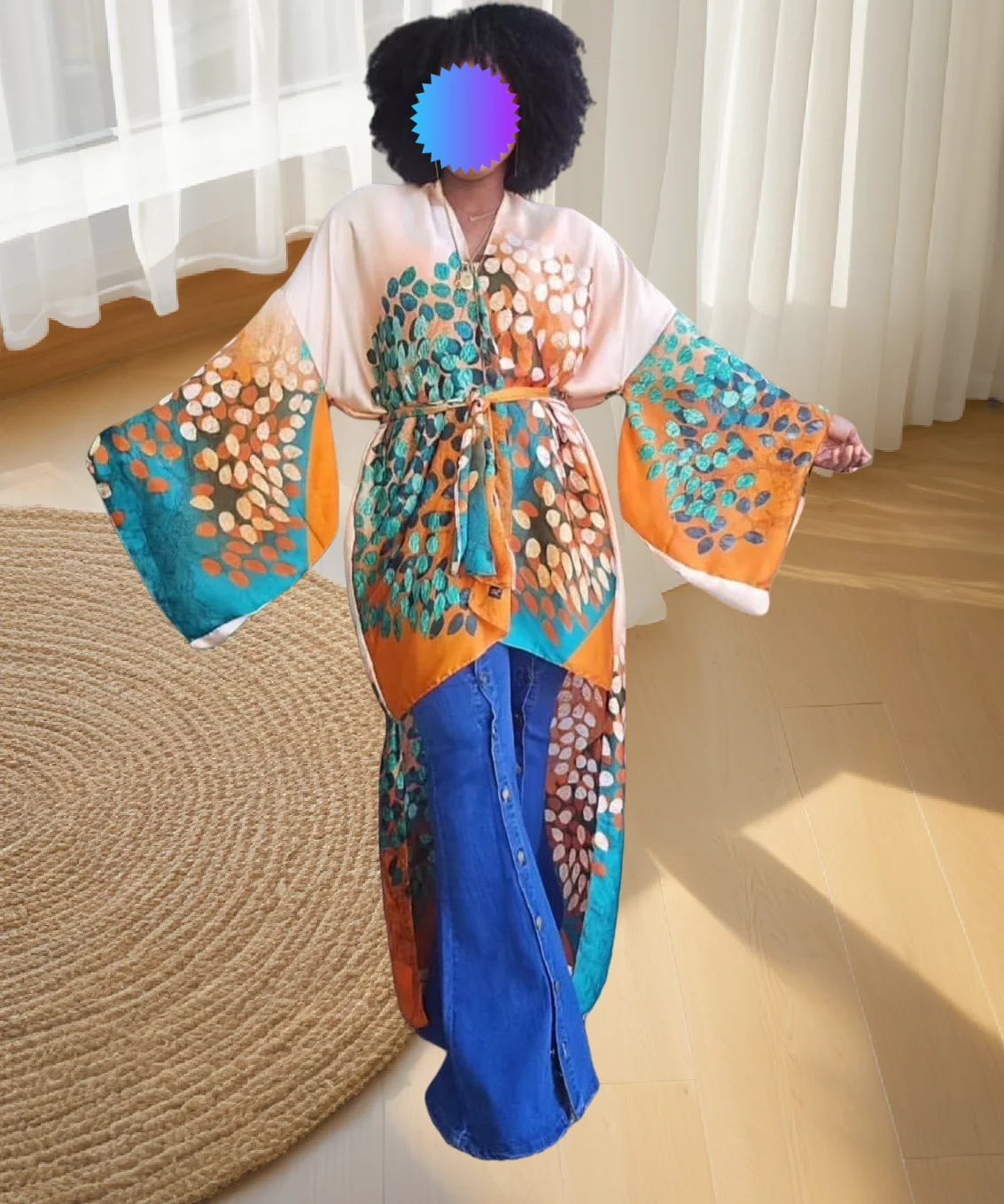 Fashion Spring African Femme Back Long of Kimonos Casual Beautiful Blogger Style Silky Open Front Mini Cardigan With Scarf