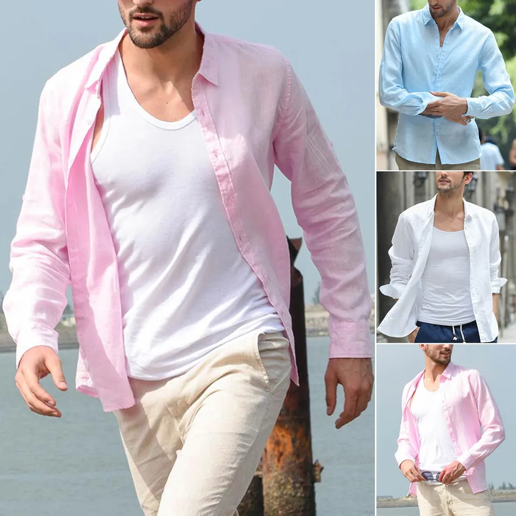 

Solid Long Sleeve Men'S Baggy Shirt Pink Button Retro Turn-Down Collar Henley Blouses Harajuku Korean Pullover Tops Male Blusas