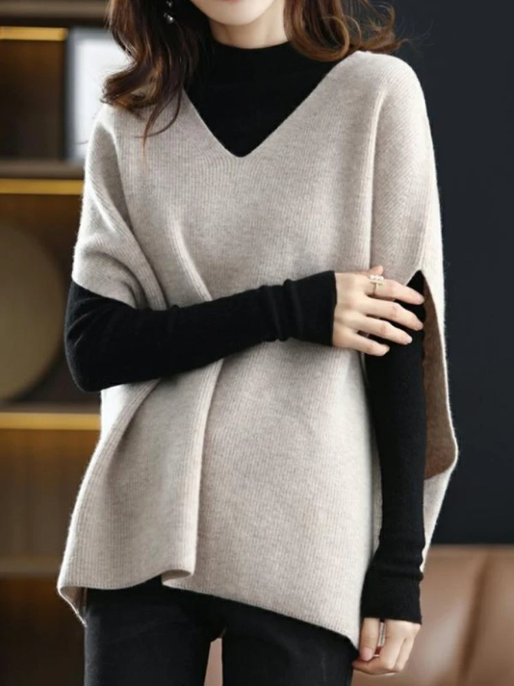 

Fall Winter Sweater Vests Women V-neck Middle-age Soft Lazy Style Elegant Batwing Sleeve Loose Fashion Casual Solid Vintage Knit