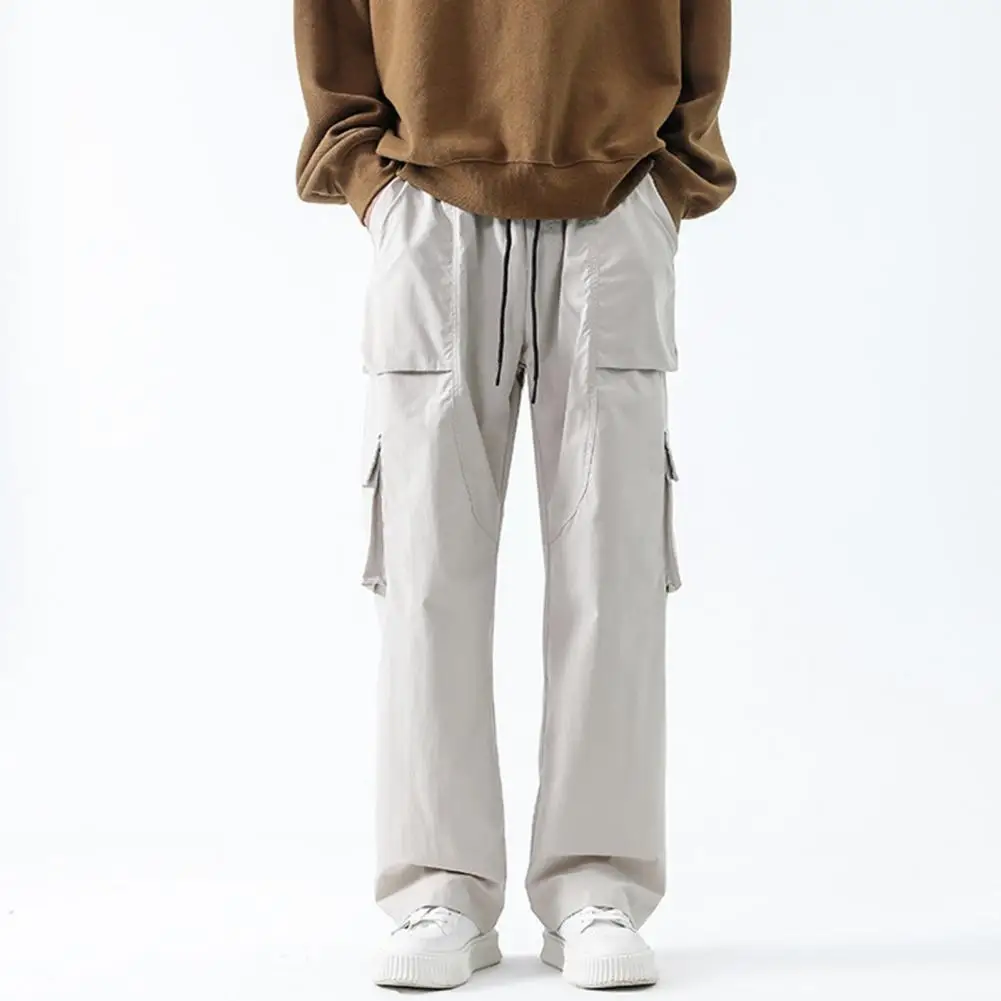 Straight-cut Pants Cargo Trousers Men's Elastic Drawstring Cargo Pants with Pockets Solid Color Straight Leg for Streetwear