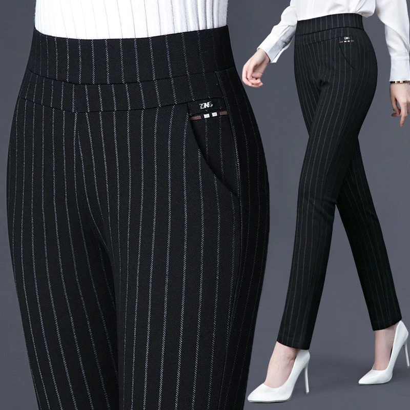 Plus Fleece Thicken Women Trouser Striped With Diamond Straight Pants Autumn Winter Black Commute Elasticity Office Lady Trouser cargo trousers