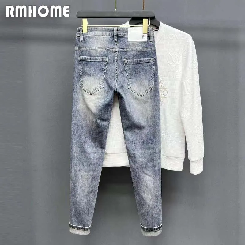 Jeans Men's Pants Skull Head Embroidery Design Small Foot Slim Blue Jeans Hip-hop Streetwear Fashionable Brand Casual Trousers
