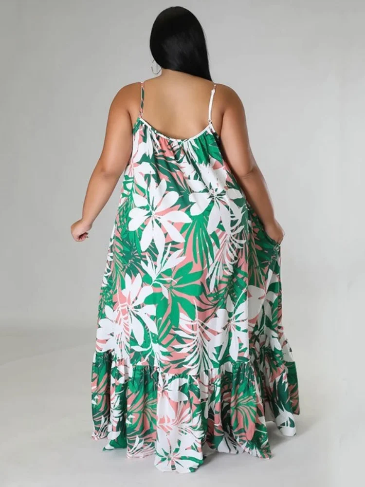 Wmstar Plus Size Dresses for Women Wholesale Flowers Print Sexy Slip Big Hem Draped Maxi Dress Sweet Style Dropshipping 2025