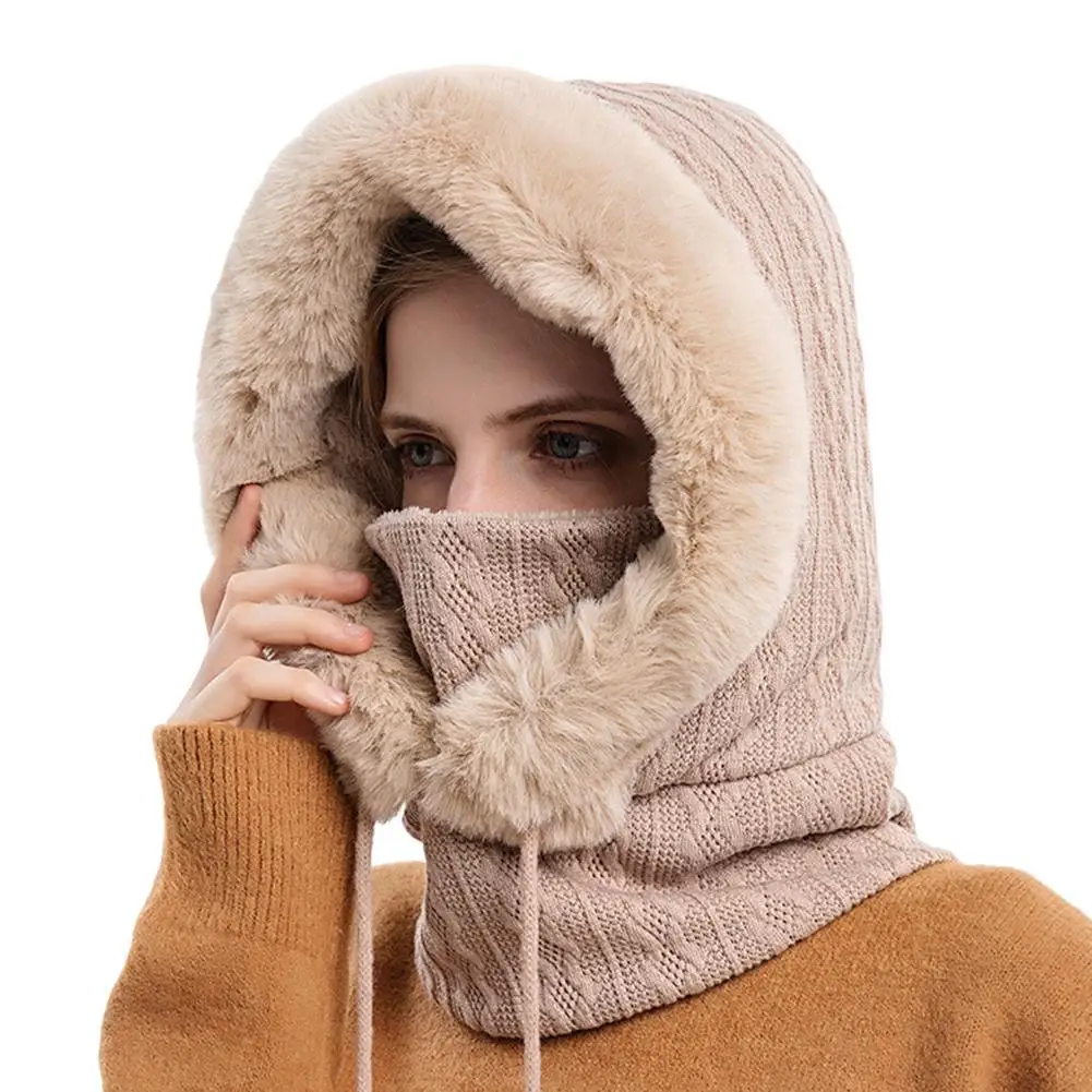 Winter Fur Cap Mask Set Hooded for Women Knitted Cashmere Neck Warm Balaclava Ski Windproof Hat Thick Plush Fluffy_voghion.com