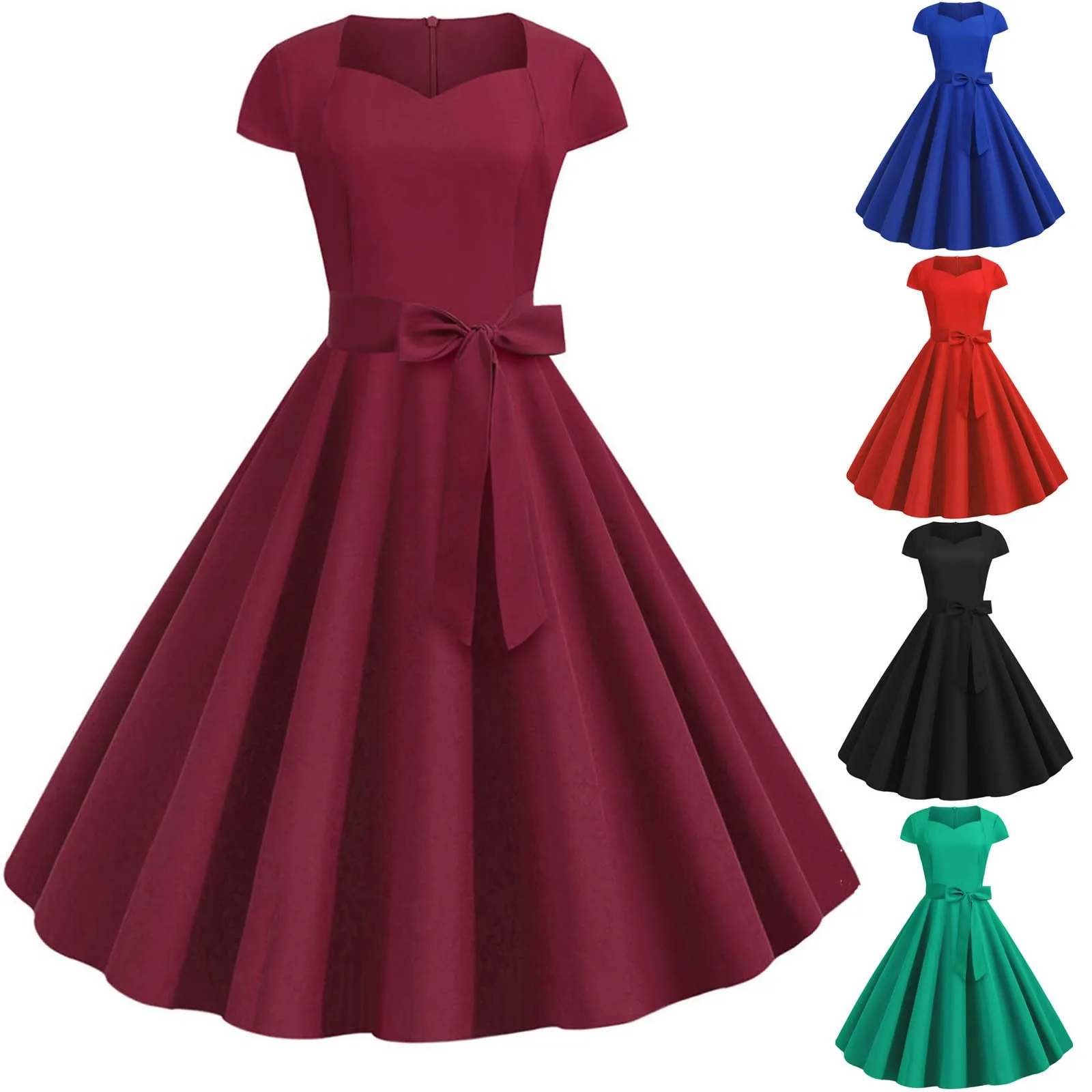 

Женское винтажное платье с поясом, белое платье в стиле ретро с коротким рукавом, V-образным вырезом и драпировкой качели, офисный наряд для женщин, на лето 2019