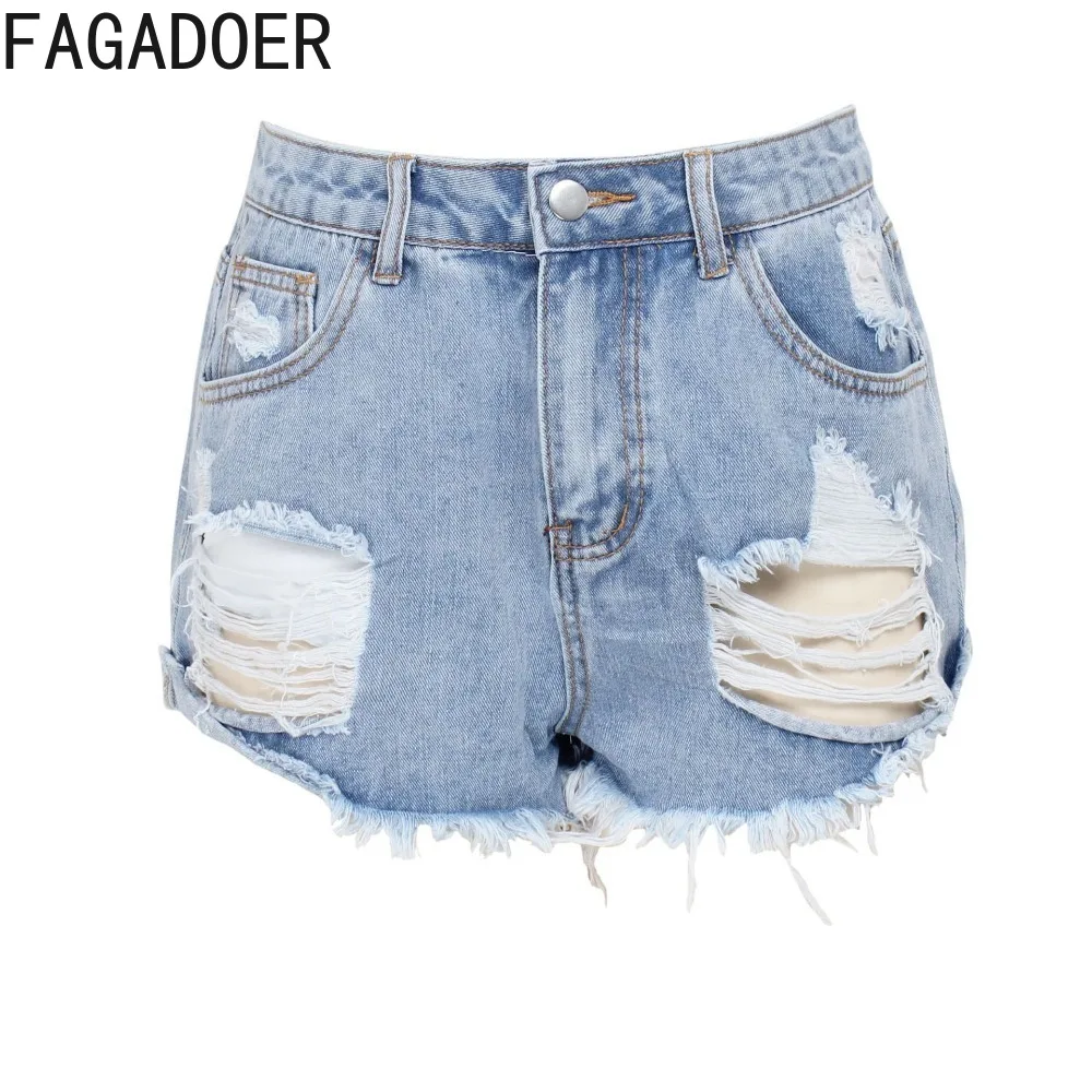 FAGADOER Fashion Streetwear Women High Waisted Button Pocket Slim Denim Shorts Summer New Female Hole Washed Cowboy Bottoms 2024