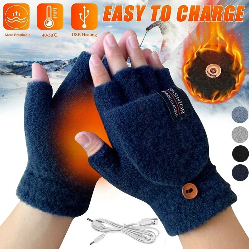 Women Men USB Electric Gloves Double-sided Heating Half Finger Knitted Mittens Winter Keep Warm Cycling Skiing Electric Gloves