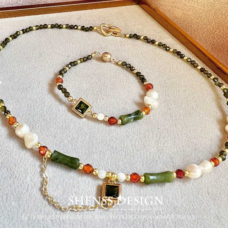 Temperament Design Natural Baroque Pearl Necklace Bracelet Green Zircon Customized Jewelry for Women's