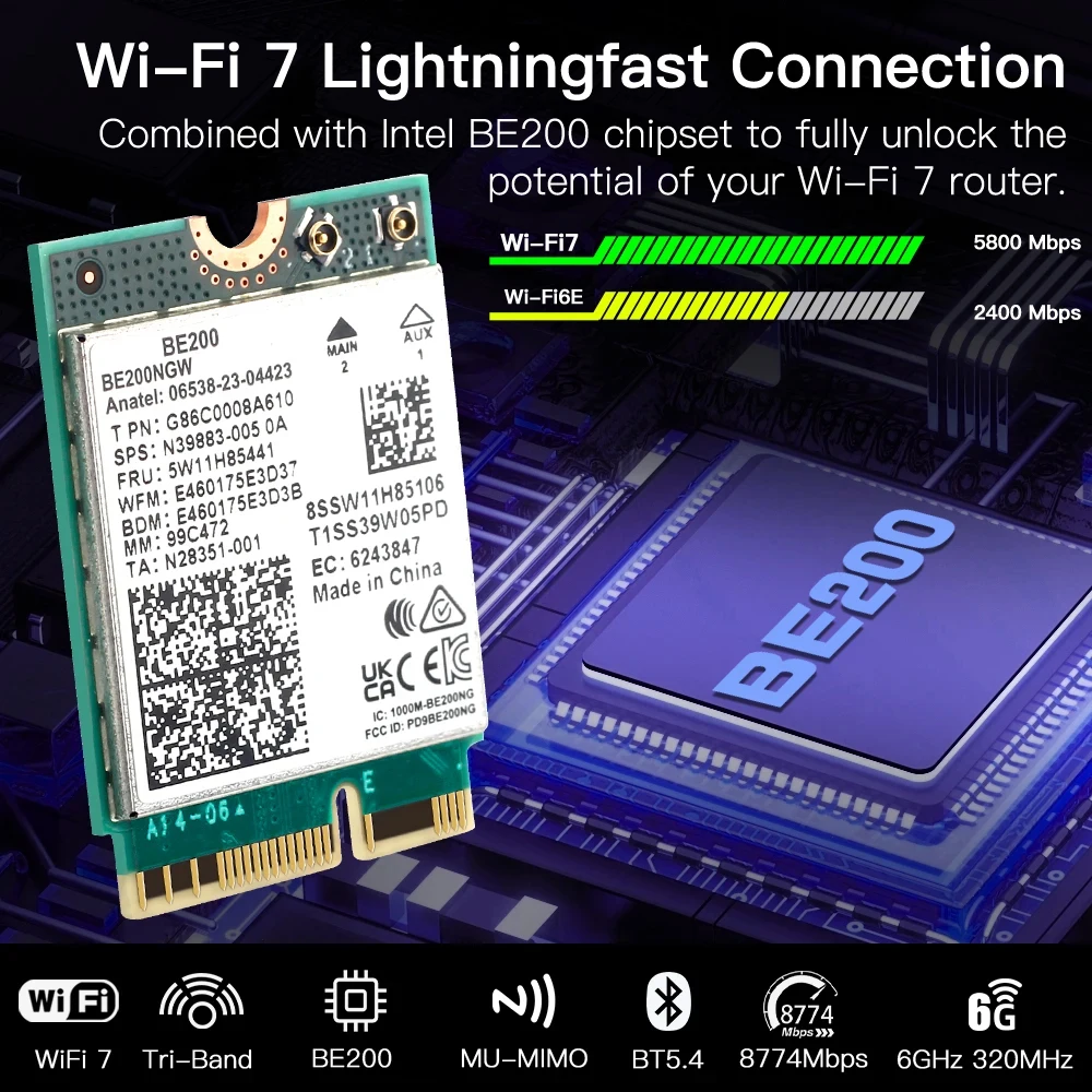 Adaptador sem Fio Bluetooth 5.4 Triple Band M.2 Ngff 8774mbps Desktop Laptop Antena Grupo Melhor do Que Ax210 Win10 11 Wifi7-be200 - Imagem 3