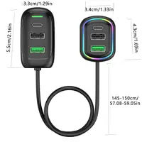 6-Ports Car Charger USB Type-C Front And Rear Extension With RGB Light PD Fast Charging Power Adapter For Iphone Tablet Laptop