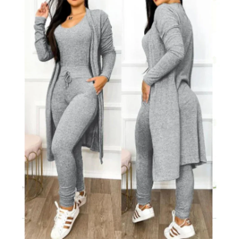 Women Drawstring Pocket Design Sleeveless Jumpsuit with Long Sleeve Coat Set Party Fashion Femme Lady U-Neck Skinny Jumpsuit