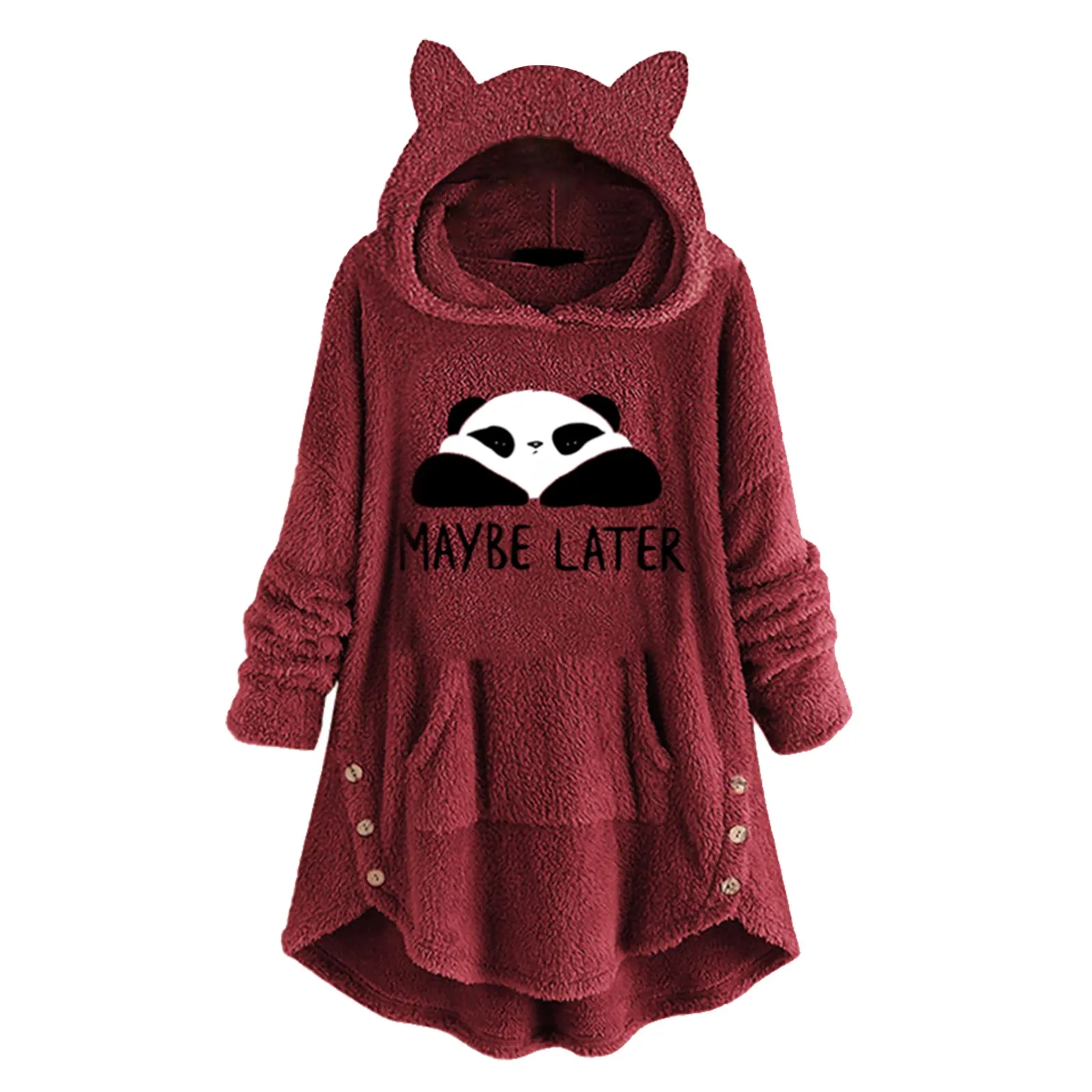 Hoodies Womens Sweatshirt Fleece Funny Cat Printed Kawaii Cap Pullovers Winter Warm Fluffy Hooded Top Button Moletom