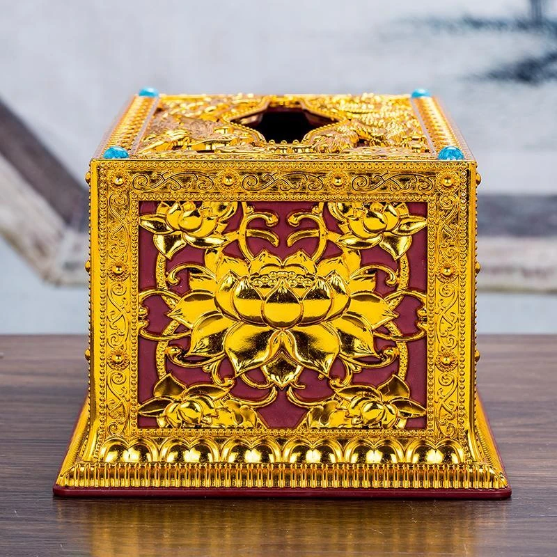 Tibetan Engraved Golden Plastic Paper Box Toilet Living Room Napkin Dispenser Buddhist Storage Box Organizer Desktop Decorative
