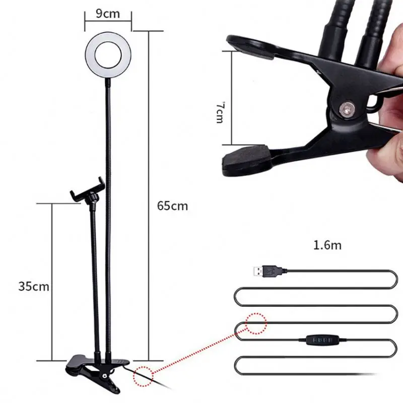 Modern USB Powered LED Ring Light with Phone Holder Clip Table Stand Live Stream Selfie Makeup Lamp for Bedroom