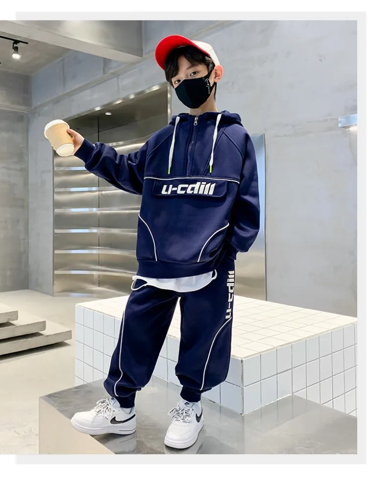 

Boys' Spring and Autumn Sweater Suit 2023 New Hooded Letter Suit Big Boys' Casual College Style Two-Piece Suit