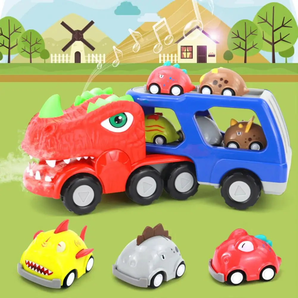 

Spray Dinosaur Toys Detachable Body Double Storage Cool Lights Analog Sound Inertial Design ABS Smoke Double-decker Dinosaur Car