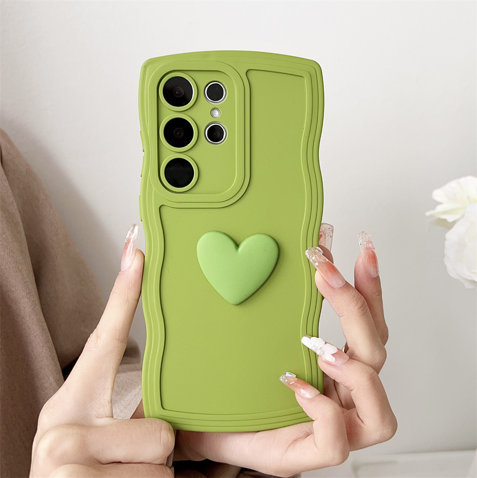 Cute 3D Love Heart Curly Wave Frame Case For Samsung Galaxy S24 Ultra S23 S22 Plus S21 S20 FE Solid Color Soft Silicone Cover