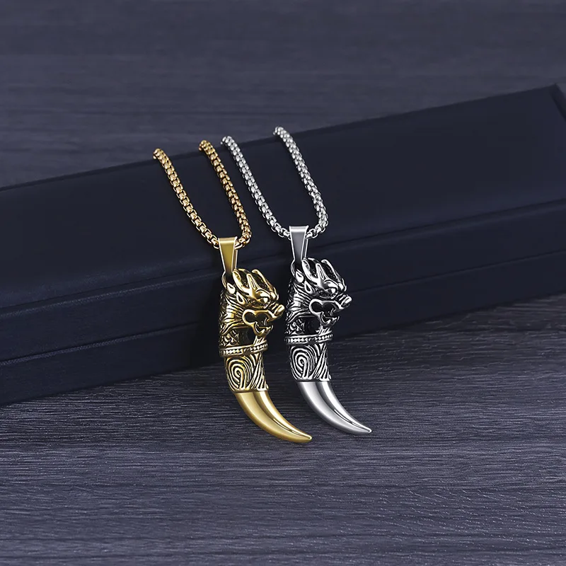 Retro Wolf Tooth Necklace Men Viking Norse Odin Rune Slavic Beast Totem Amulet Pendant Never Fade Stainless Steel Jewelry Gift