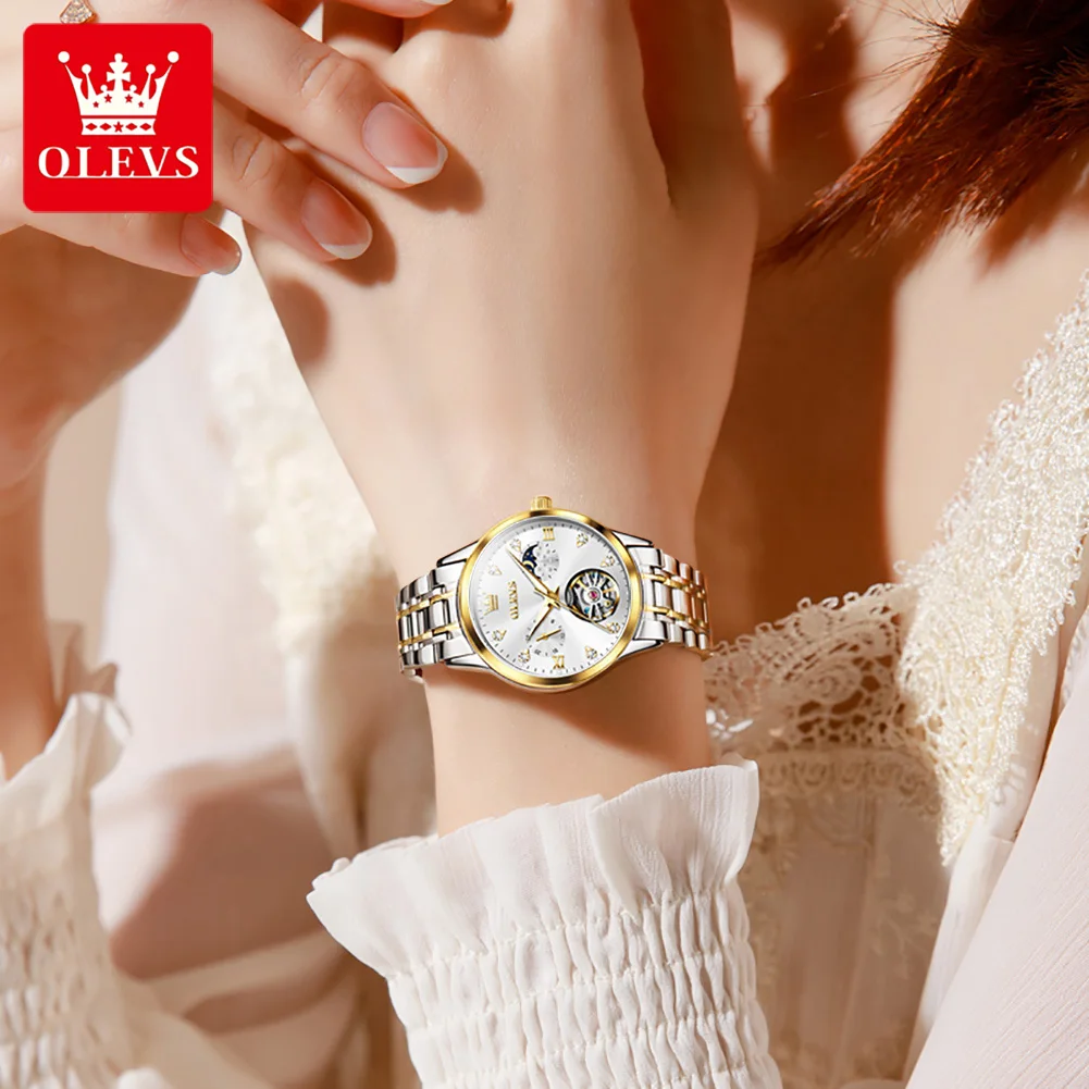 OLEVS 6608 Women's Watch Hollow Waterproof Mechanical Watch For Women Moon Phase Stainless Steel Strap Luxury Ladies Wristwatch