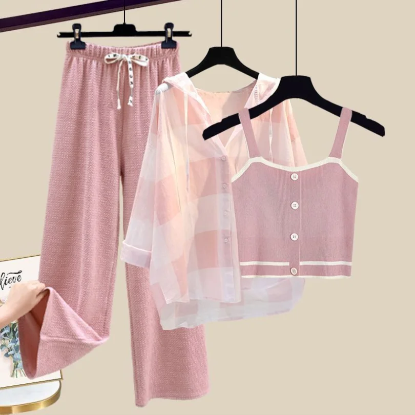 Large Women's Summer Set Women's 2023 New Sunscreen Shirt Women's Slim Slim Slim Strap Tank Top Wide Leg Pants Three Piece Set