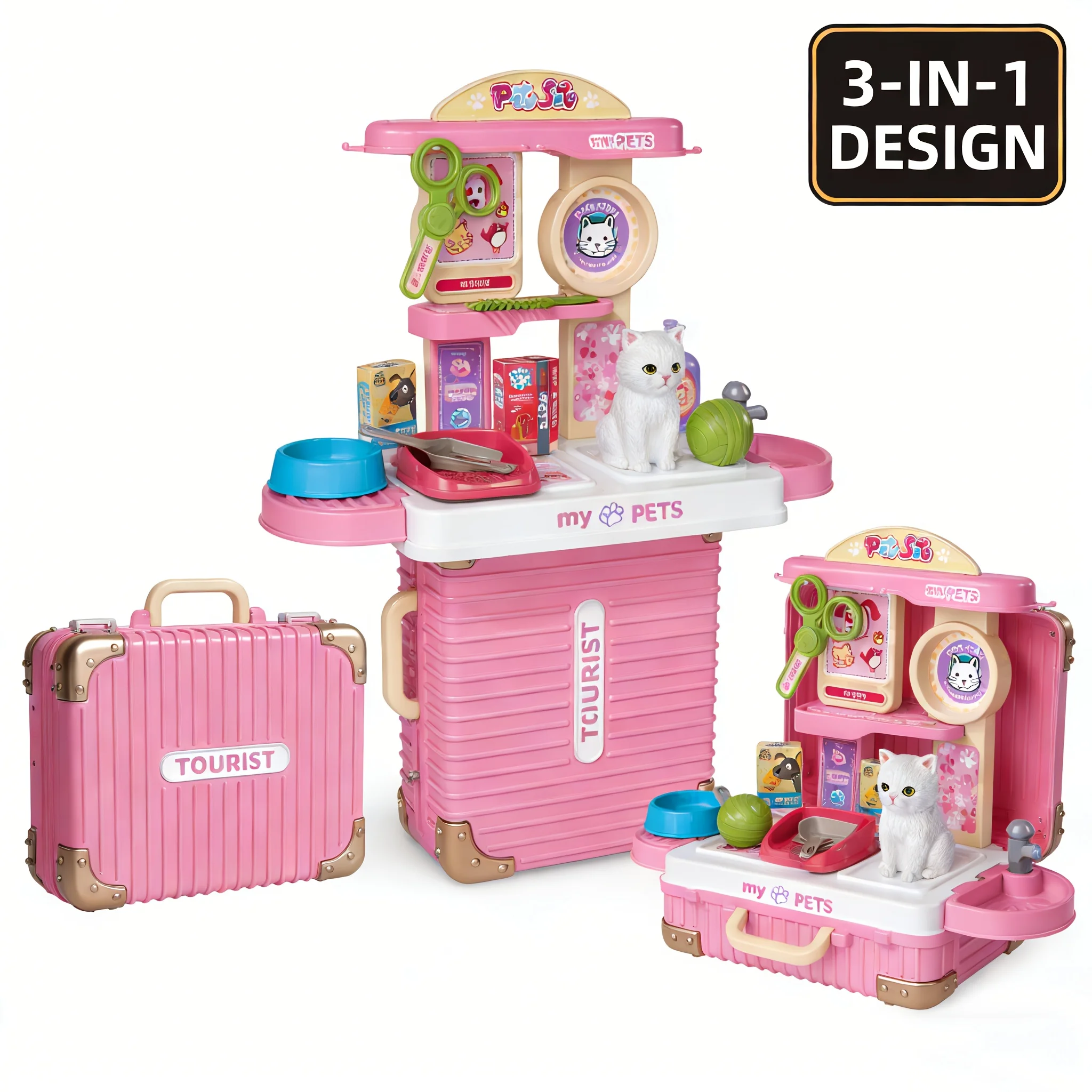 Children's Pet Care Play Set with Toy Cat and Storage Backpack, Perfect