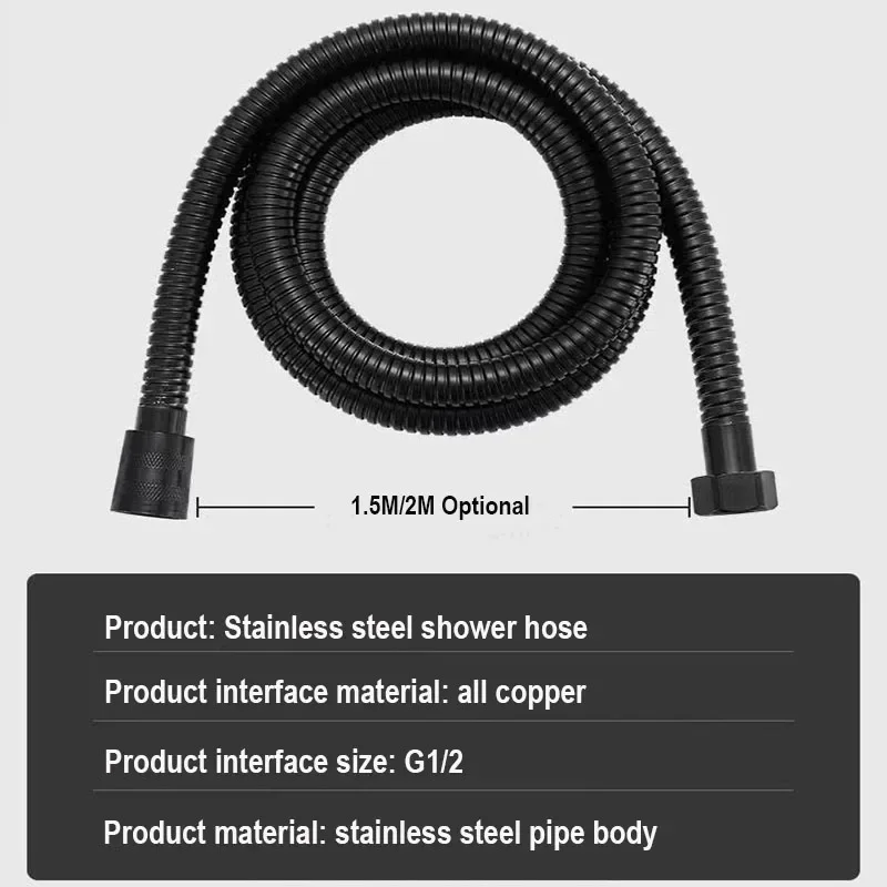 Shower Hose 1.5/2M Black/Silver Flexible Shower Hose Stainless Steel Long Bathroom Pipe Extension Bathroom Accessories