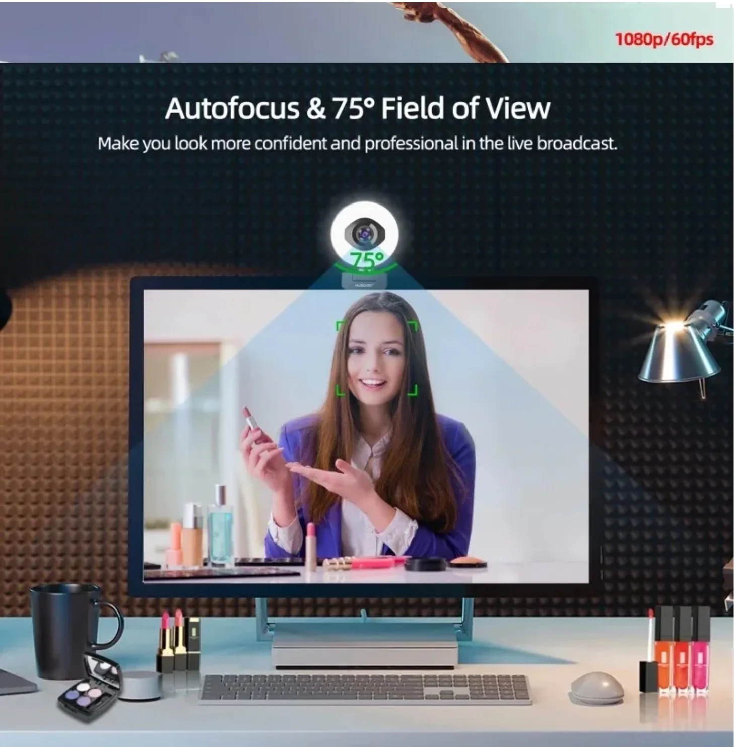 He-AUSDOM AF660 FHD 1080P 60FPS 웹캠 자동 초점 75 도 스트림 캠, 조절식 라이트 프리 삼각대 포함, 라이브 스트리밍용