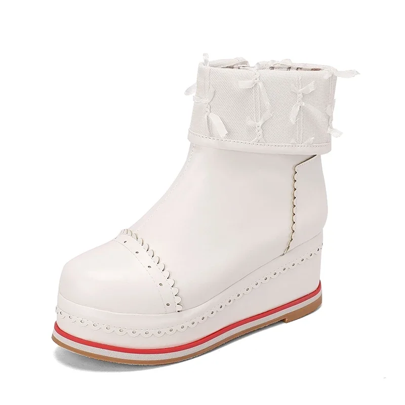 

BLXQPYT Botas Mujer 2022 Womens Platform Heels Thick Soled Boots Lace Side Zip Casual Student Shoes Princess Plus Size30-48 A988