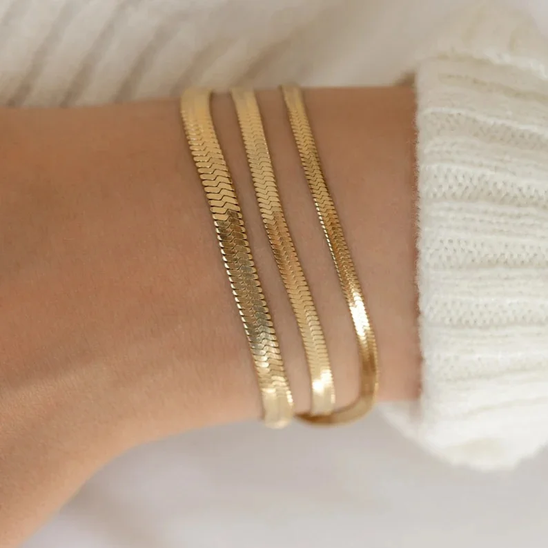 Vnox Dropshipping Minimalist Women Snake Chain Bracelet, Gold Color Blade Herringbone Chain with  Stamp, Adjustable Girl Jewelry