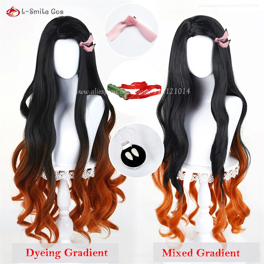 Kamado Nezuko Cosplay Perücke 100cm Gradient Curly Heat Resistant Synthetik Haar Anime Halloween 2