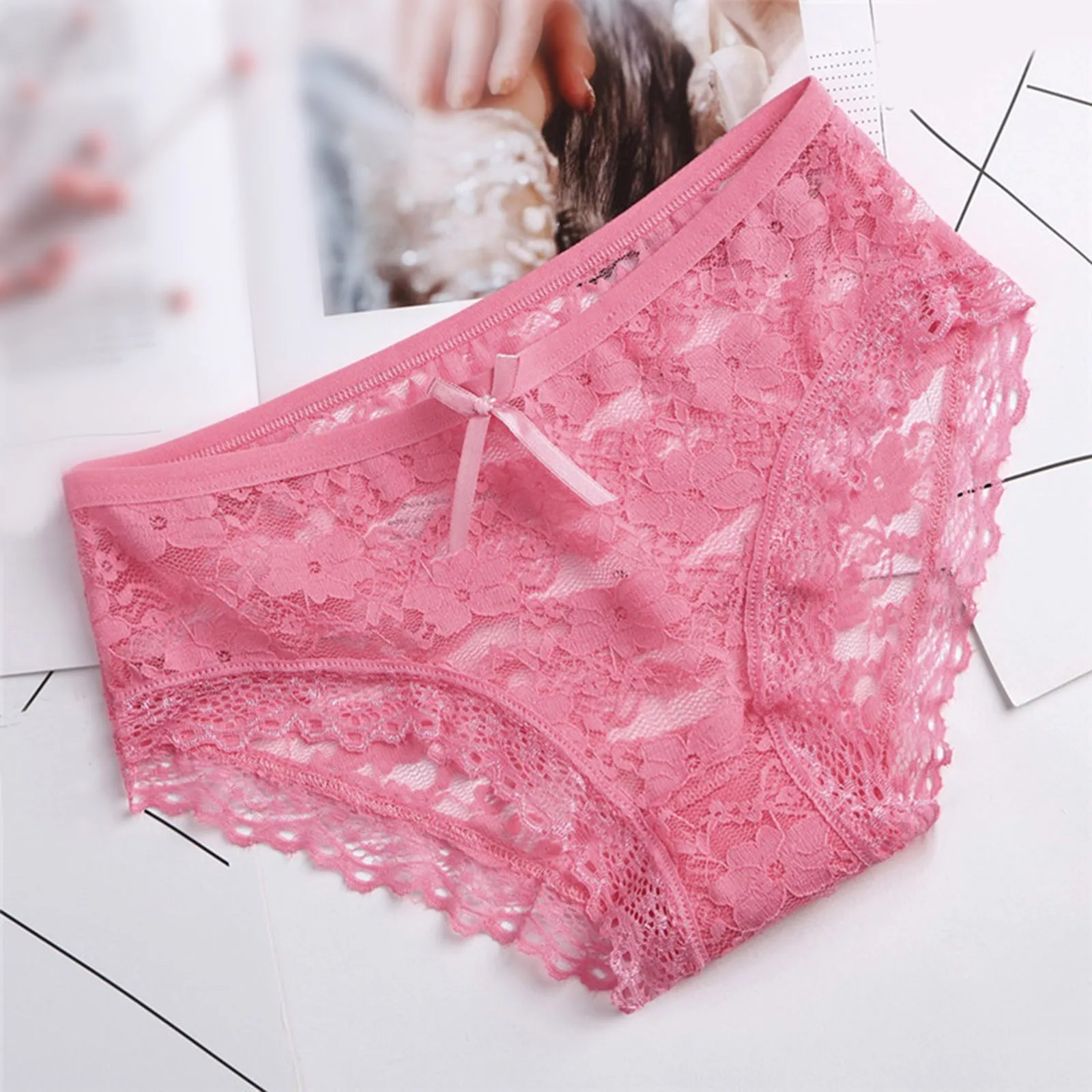 Lace Underwear Briefs Women Breathable Bow Mid Waist Panties