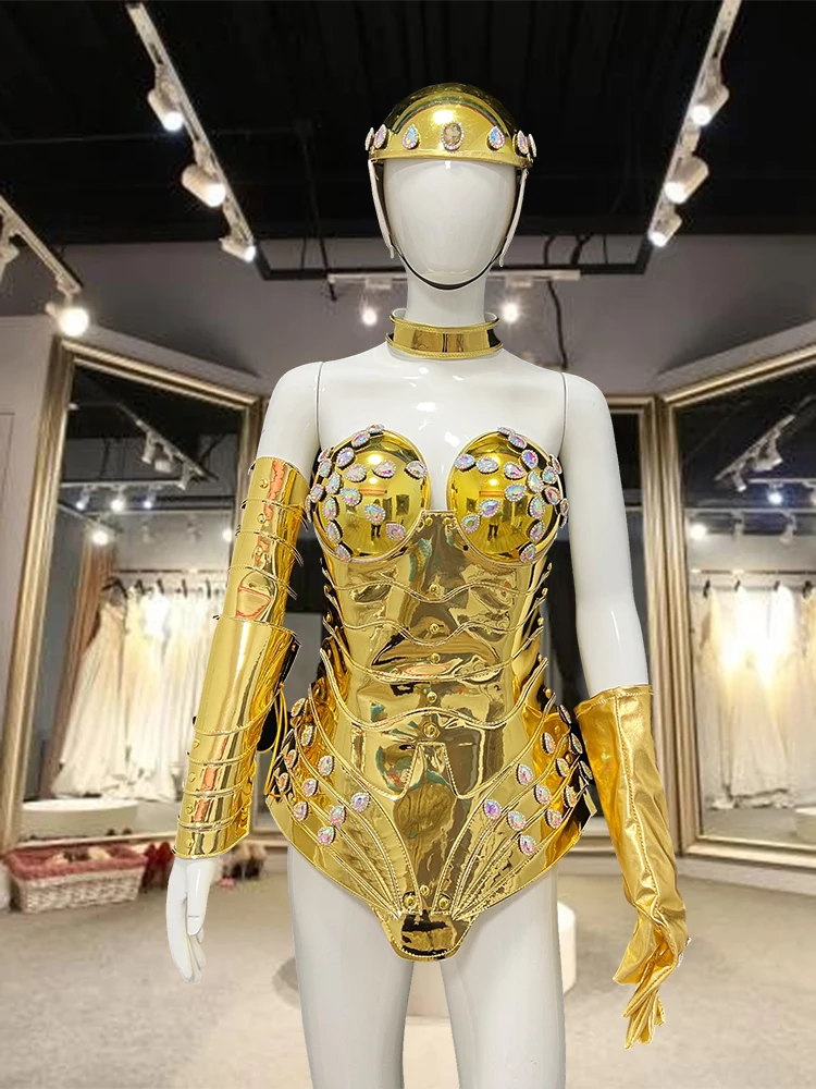 

Gold Armor helmet Singer birthday Party Festival Drag Queen luxury celebrity Costume