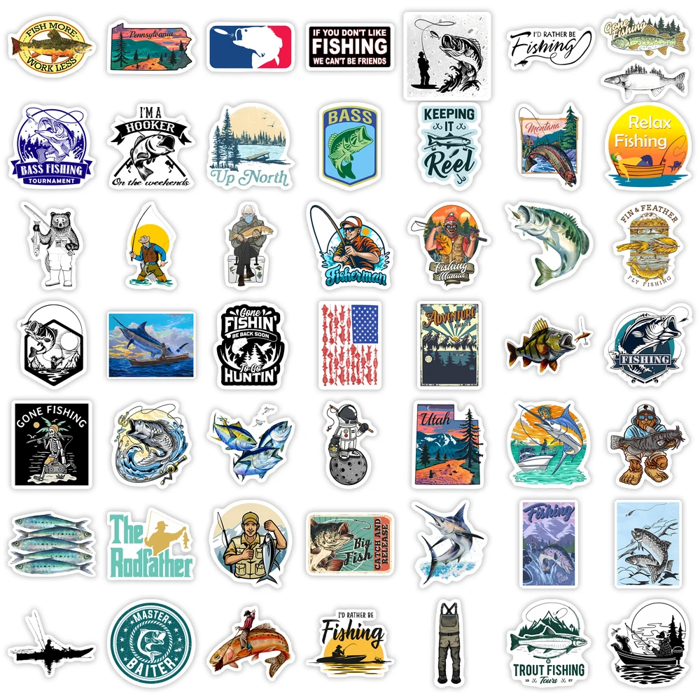 Travel Fisher Go Fishing Outdoor Stickers for Laptop Luggage Phone Scooter Fish Decal for Kids Children Gift Toys Waterproof PVC