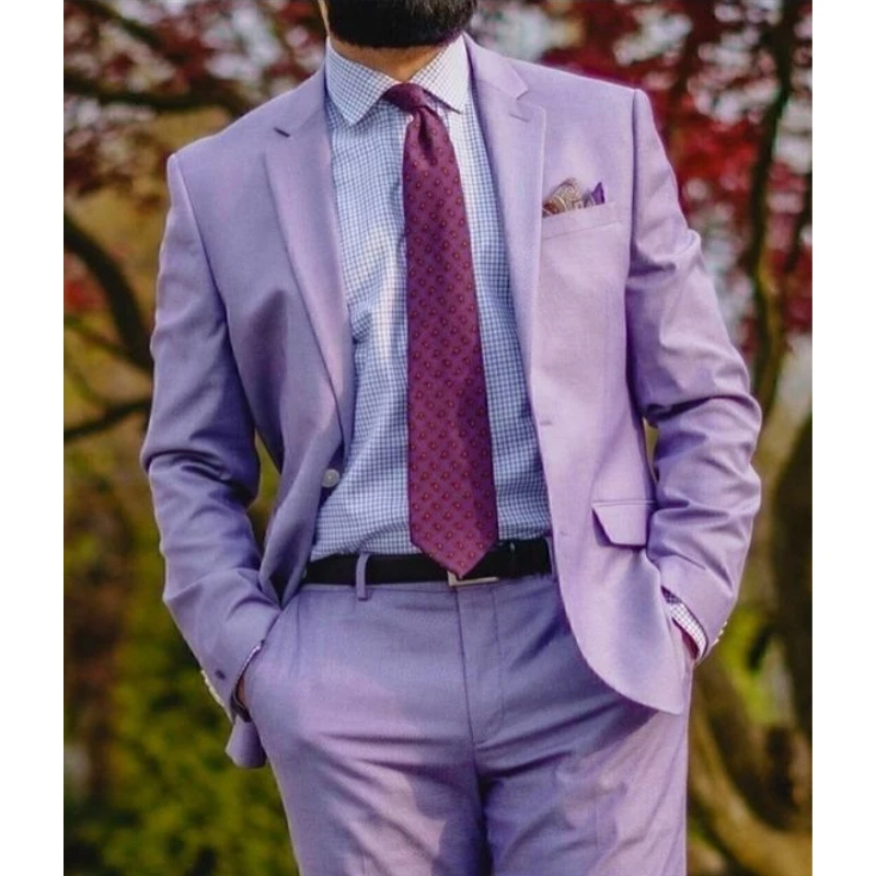

Casual Light Purple 2 Piece Men Suits Notched Lapel Business Office Suit For Prom Dinner Male Elegant Wear Wedding Groom Tuxedos