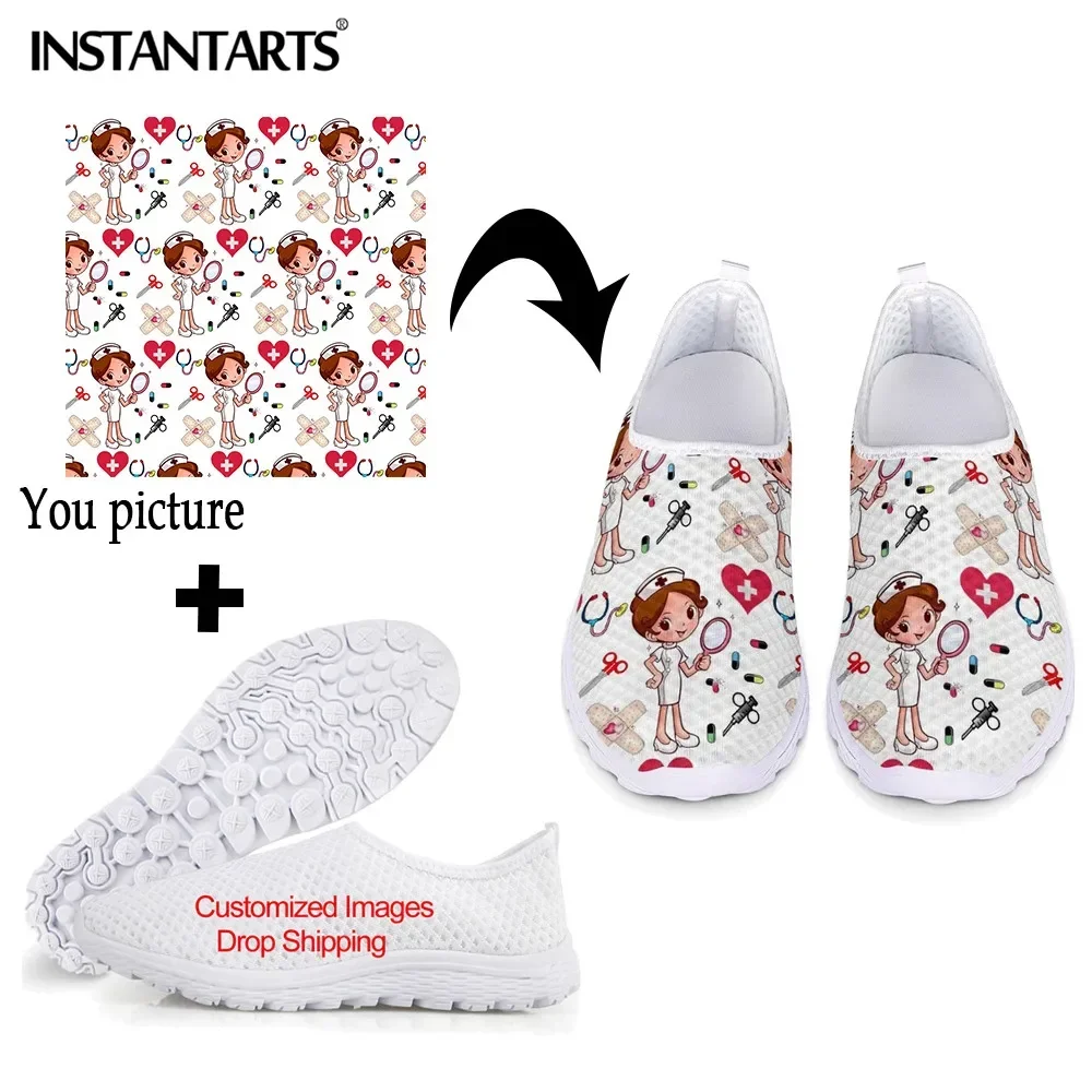 New Cartoon Nurse Doctor Print Women Sneakers Slip On Light Mesh Shoes Summer Breath Flat Shoes Zapatos planos Mujer